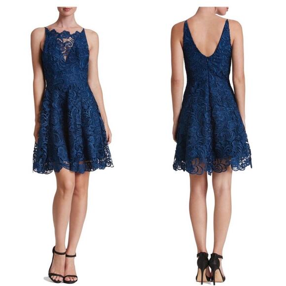 NWT Dress the Population Hayden Lace Fit & Flare Dress Size Small Navy Cocktail - Picture 1 of 13